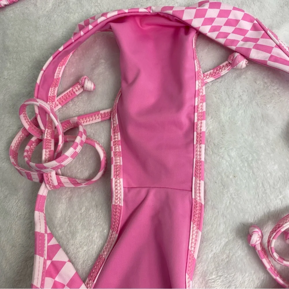 Frankie's Bikinis Pink Checkered Swimsuit Set Morrison Pattern Side-tie Bottoms